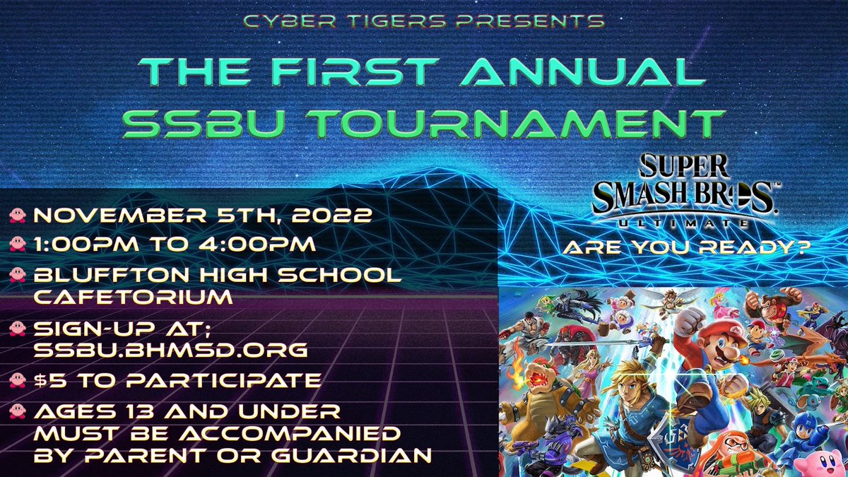 esports_bhmsd's tweet photo. The Cyber Tigers eSports team proudly presents The First Annual Super Smash Bros. Ultimate Tournament!
The event will take place 
November 5th at 
Bluffton High School
1 Tiger Trail
Bluffton, IN 46714
Sign-up NOW!!!
https://t.co/kPBw6gf2QJ
#BHMSD #CyberTigers #esport #SSBU https://t.co/eZ1ZwFiyUO