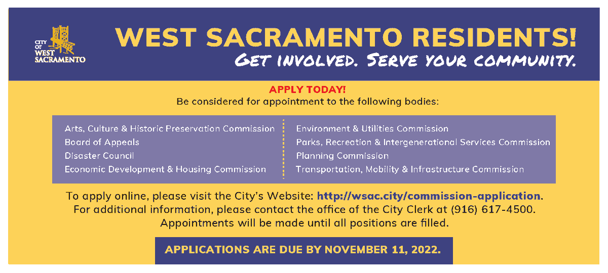 cityofwestsac's tweet photo. Join the conversation and apply to one of the City of West Sacramento's Boards, Commissions, or Committees!

Application available at https://t.co/0WH6jeYrzm 
Please RT. #CityofWestSacramento #WeWantYourInput https://t.co/6dul6TTMU4