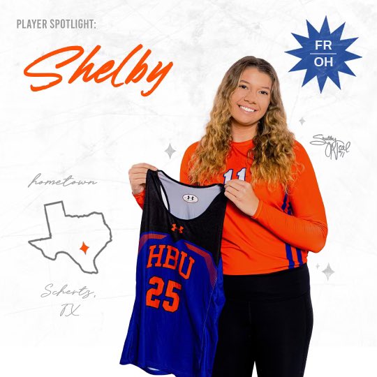HCUVolleyball's tweet photo. Meet Shelby! A new OH for the indoor squad and originally from Schertz, Texas, Shelby is a creative writing major and also on the HBU Beach team!🏝☀️🏐 She loves a trip to the Galleria with Cane's or a night in with a Grey's Anatomy marathon. Catch her this season in the gym! https://t.co/ORyW5nrWc1