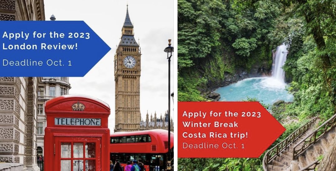 Only 10 days apply to go to Costa Rica or London! Spots are filling fast!