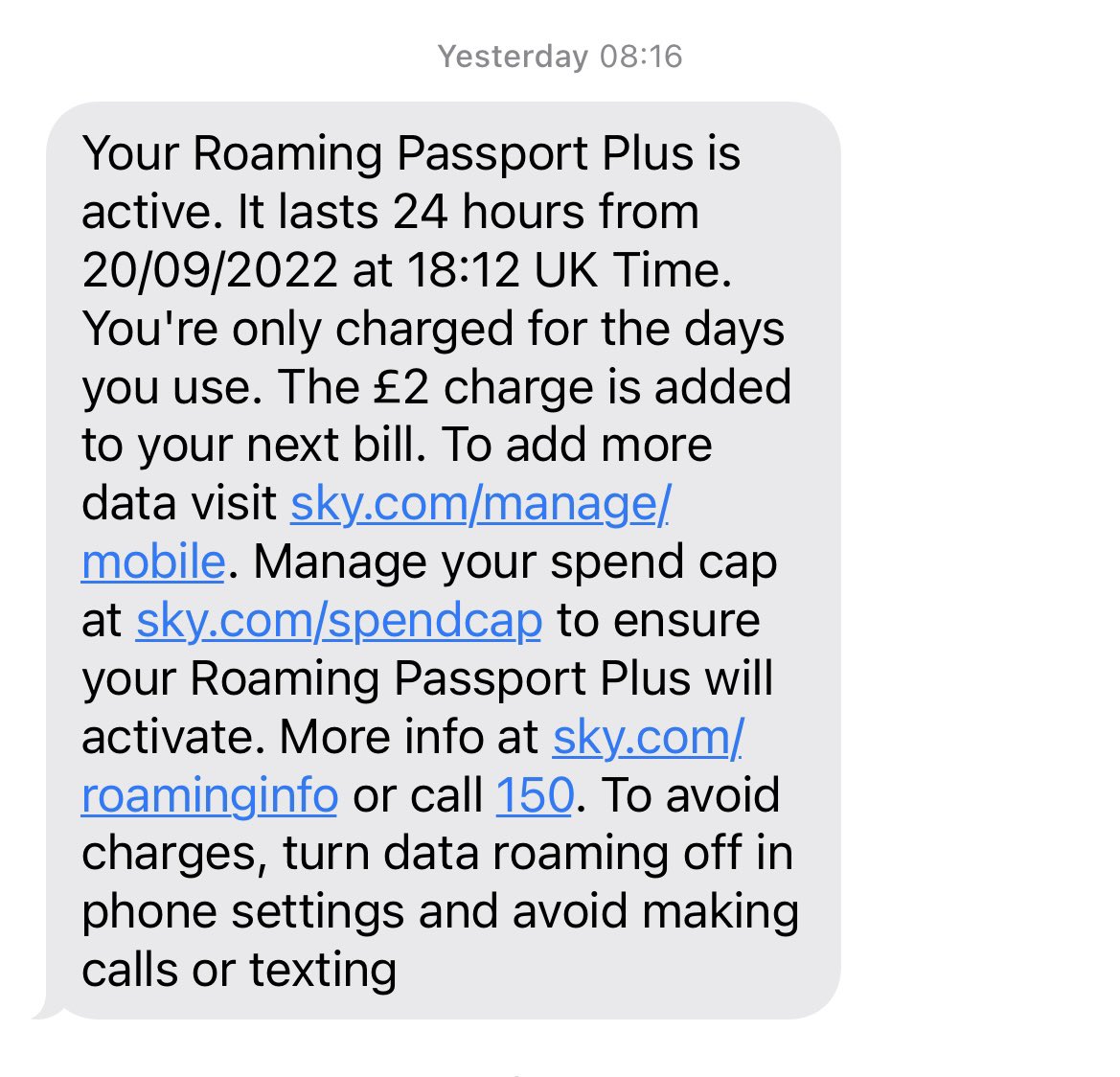 emilyhunt's tweet photo. @SkyHelpTeam Hi Jason, this doesn’t seem to be the case. I’m 11 hours behind the UK currently. When I activate it, the time it currently is in the UK, leaves 23 hours. E.g, this text was sent 19.16 UK time yesterday, however says it will run out 18.12 the following day, an hour short. https://t.co/xtfmHAZ5yQ