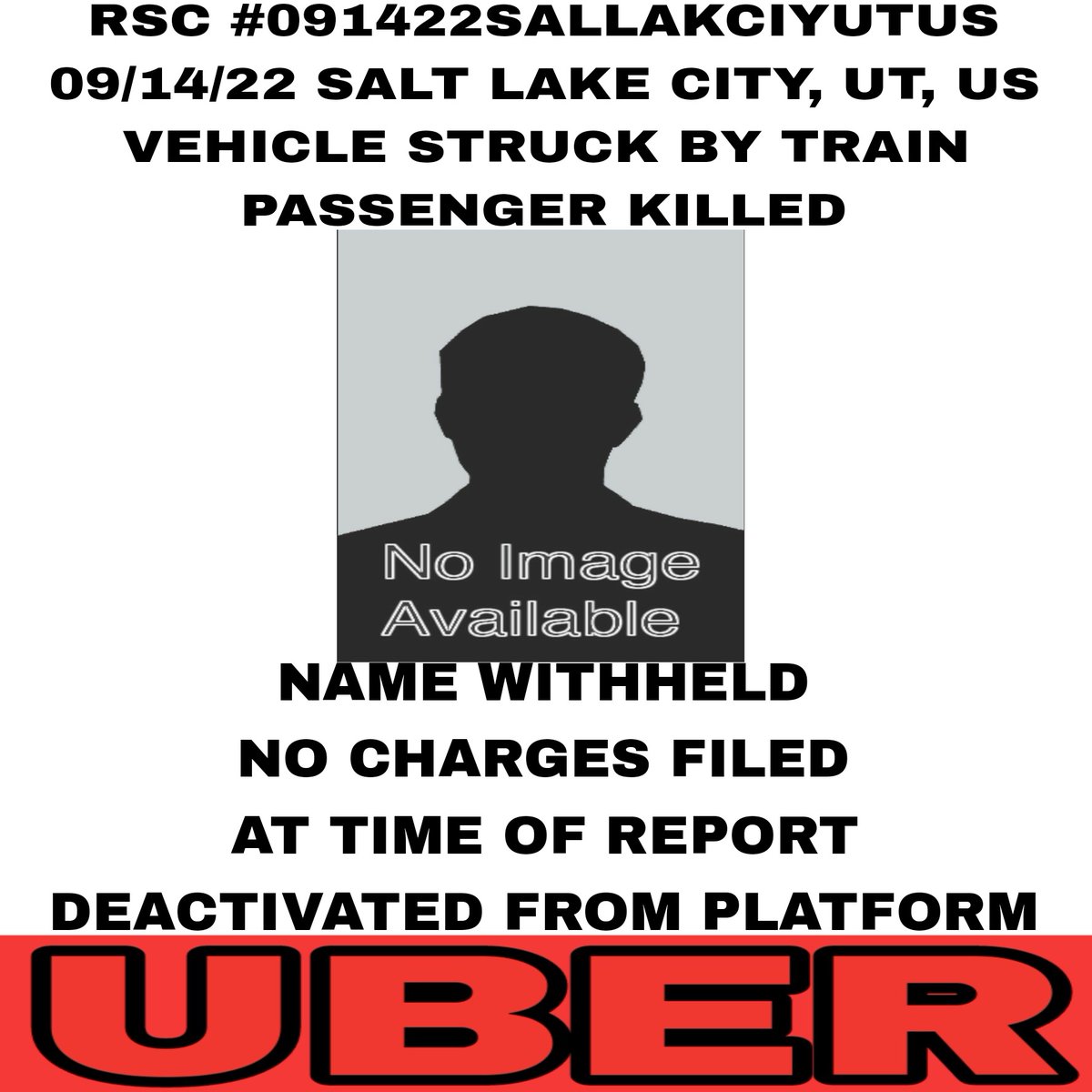 StultzThe's tweet photo. RSC #091422SALLAKCIYUTUS
09/14/22 SALT LAKE CITY, UT, US
VEHICLE STRUCK BY TRAIN
PASSENGER KILLED

The Utah Transit Authority said the Uber driver ran a red light, then a TRAX train T-boned the car...
fhttps://m.facebook.com/story.php?story_fbid=173879998517810&amp;id=100076874337548 https://t.co/hCoOy2AQQL