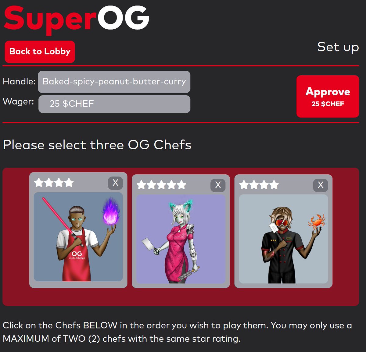 SuperOG mini game is live! Battle your OG Chefs for culinary glory! 
🔗metakitchen.io/#/super-og/0/-…

The mKPantry will be loaded with goodies to spend your $CHEF winnings on. 

Like, RT, Comment for free OG Chef NFT's to play the game! ⏰24 Hours

#minigame #pvp #live #raffle