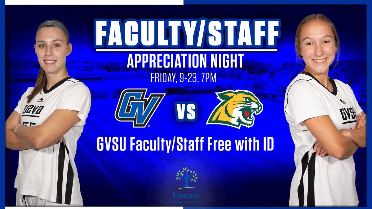 GVSUsoccer's tweet photo. Friday’s Top-25 matchup is GVSU Faculty &amp; Staff appreciation night! All GVSU Faculty &amp; Staff get free admission to the game when you show your ID.

#AnchorUp https://t.co/F1JYXuwK5v