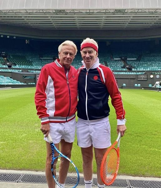 Amazing photo of Bjorn Borg and John McEnroe from Centre Court at Wimbledon (wearing their throwback 1980 tennis attire replicas) this week in advance of the Laver Cup in London, as seen on the "Golden Age of Tennis Clubhouse" Facebook page