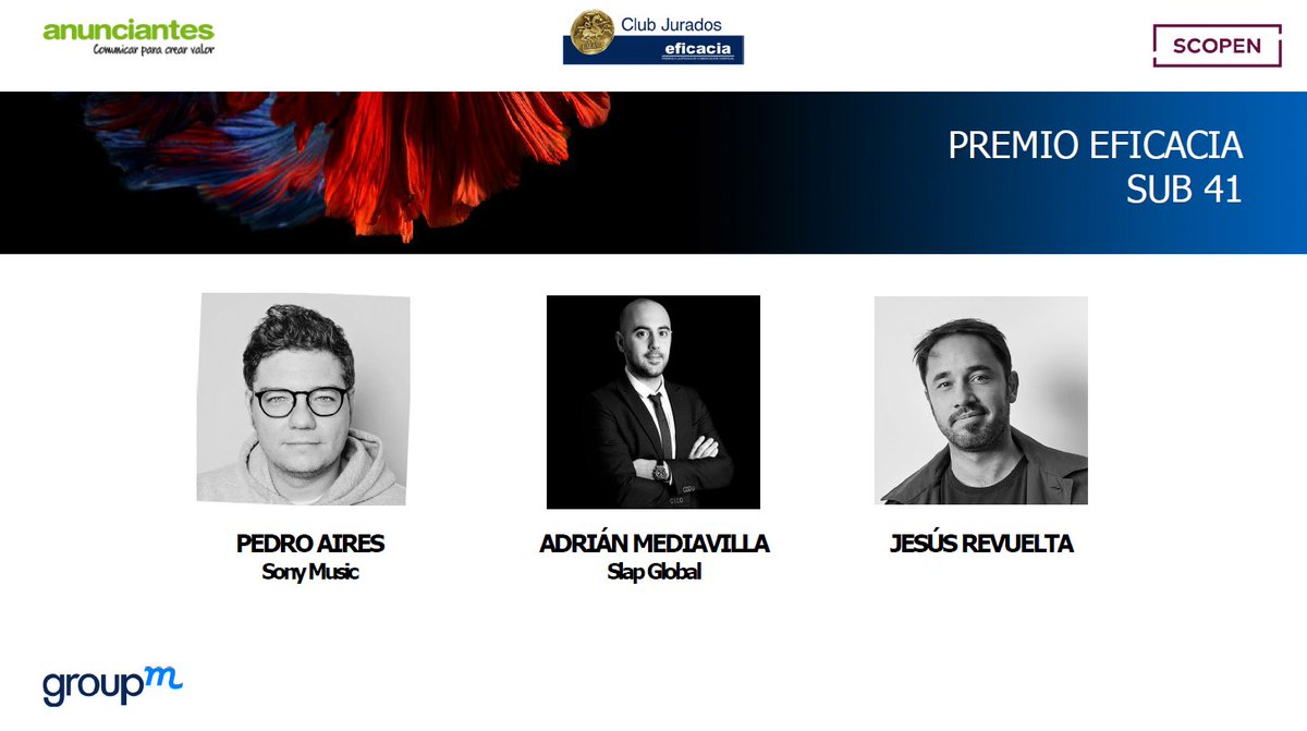 .<a href="/JesusRevuelta/">Jesús Revuelta</a>, <a href="/twitpedroaires/">Pedro Aires</a> (<a href="/SonyMusicSpain/">Sony Music Spain</a>) y <a href="/adrimedia/">adrian mediavilla</a> (<a href="/SlapGlobal/">Slap Global</a>) optan al Premio Eficacia Sub 41 que otorga el #ClubDeJurados. Suerte a los tres! 

<a href="/PremiosEficacia/">Premios Eficacia</a>