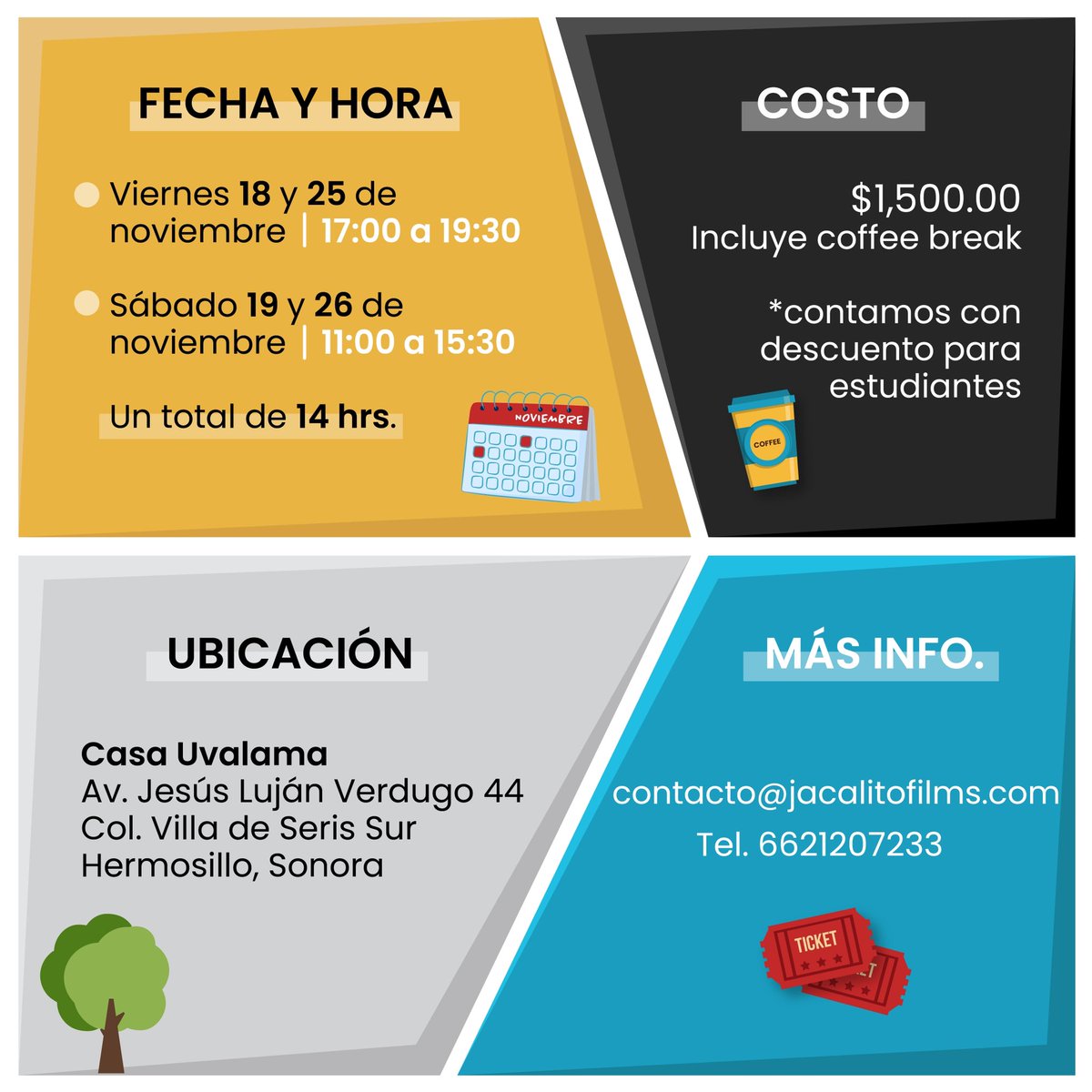 jacalitofilms's tweet photo. En noviembre, @victoriaareiano impartirá el Taller de Producción Creativa en Cine y Audiovisual 🎬 donde se abordará —desde la teoría y la práctica— la labor de los y las productoras como parte del equipo creativo.

+ info o dudas: 
📧 contacto@jacalitofilms.com
📞 6621207233 https://t.co/RNpzOEep2d