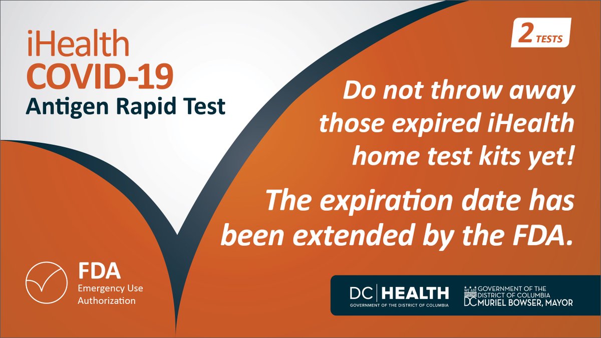 _DCHealth's tweet photo. #ICYMI - iHealth home #COVID19 test kits have been granted a six-month extension from the printed expiration date from the FDA. For example, if the expiration date printed on your test kit box reads 2022-08, the updated expiration date is 2023-02. Go to: https://t.co/CEO571gFwO https://t.co/AX8JGL6d3n