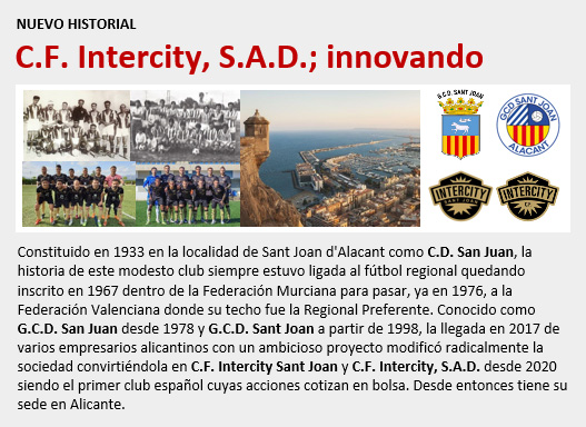 Historial del CF Intercity SAD, innovador club alicantino que desea abrirse camino y ocupar un hueco entre los aficionados con un ambicioso proyecto más allá del fútbol cotizando incluso en bolsa, el primer español en hacerlo.