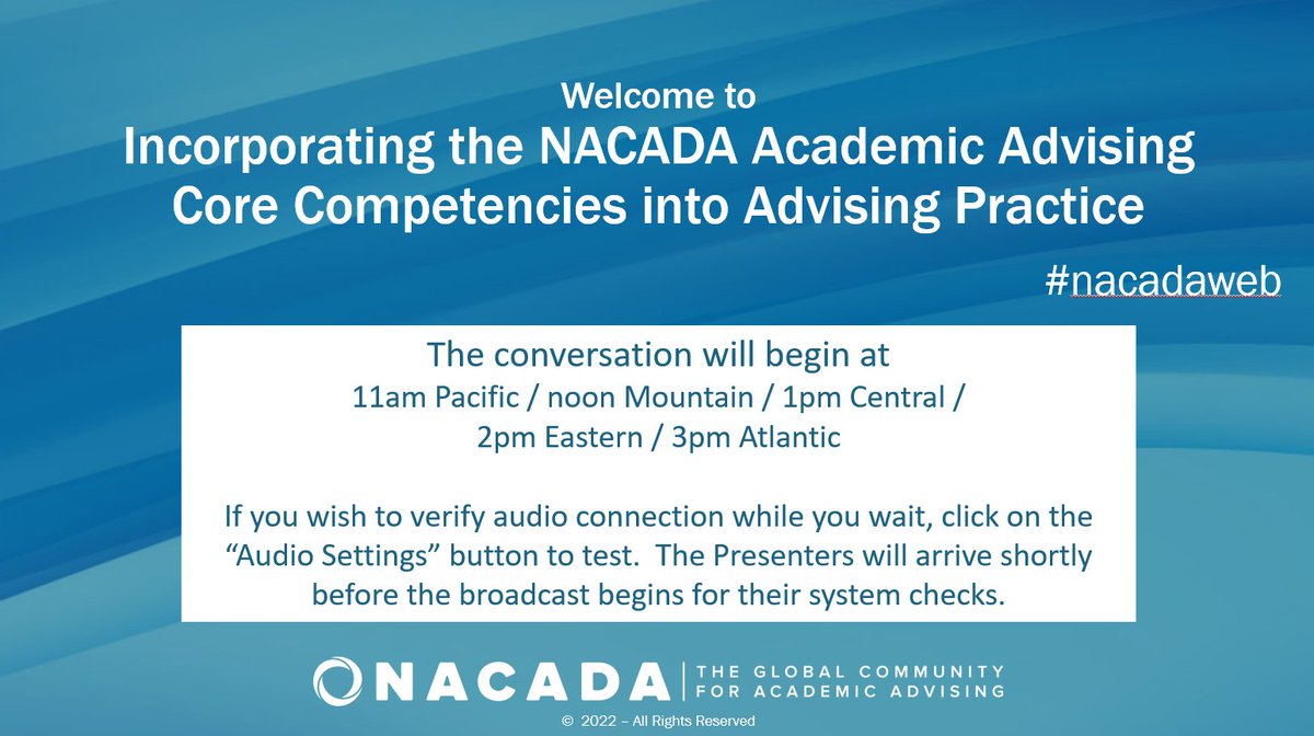 NACADA's tweet photo. Looking forward to our first webinar of the 22-23 season: "Incorporating the NACADA Academic Advising Core Competencies into Advising Practice" starting at the top of the hour! #nacadaweb #acadv https://t.co/C8sQ6PeHZ1