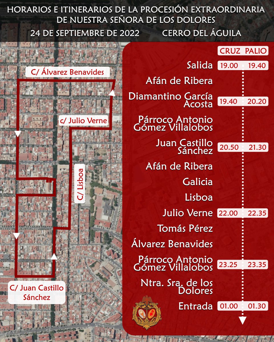 Horarios e itinerario de la procesión extraordinaria de Nuestra Señora de los Dolores del próximo sábado por el #CentenarioCerrodelÁguila