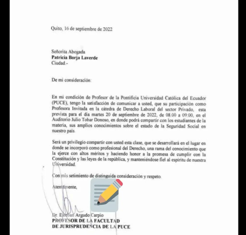 abogados_borja's tweet photo. El día de ayer, nuestra Abg. Patricia Elizabeth Borja Laverde, por invitación del Dr. Esteban Argudo Carpio, participó en su clase de Derecho Laboral, en la Facultad de Jurisprudencia de la PUCE. 

Agradecemos al Dr. Esteban Argudo Carpio, por la gentil invitación. https://t.co/pJF395eWCS