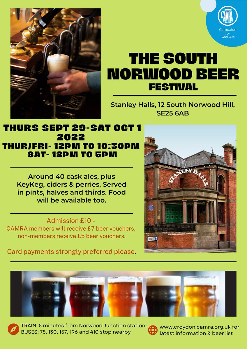 CroydonCAMRA's tweet photo. A reminder that the South Norwood Beer Festival will be taking place at the Stanley Halls from Thursday 29 September to Saturday 1 October.  Go to https://t.co/1tkM12K9c8
 for the provisional beer list and other information. https://t.co/Fg0FAT35kL