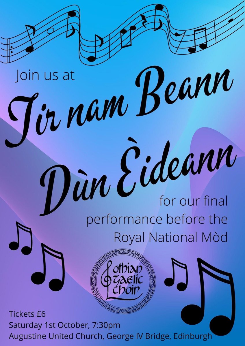 Còisir Ghàidhlig Lodainn (@cg_lodainn) on Twitter photo We are delighted to have been invited by Comunn Tìr nam Beann to take part in their ceilidh on Saturday 1st October.
As well as songs from the choir there will be performances from a number of our soloists in what will be our final performance before <a href="/NationalMod/">Mòd Nàiseanta Rìoghail ¦ Royal National Mòd</a> 2022 in Perth. We are delighted to have been invited by Comunn Tìr nam Beann to take part in their ceilidh on Saturday 1st October.
As well as songs from the choir there will be performances from a number of our soloists in what will be our final performance before <a href="/NationalMod/">Mòd Nàiseanta Rìoghail ¦ Royal National Mòd</a> 2022 in Perth.