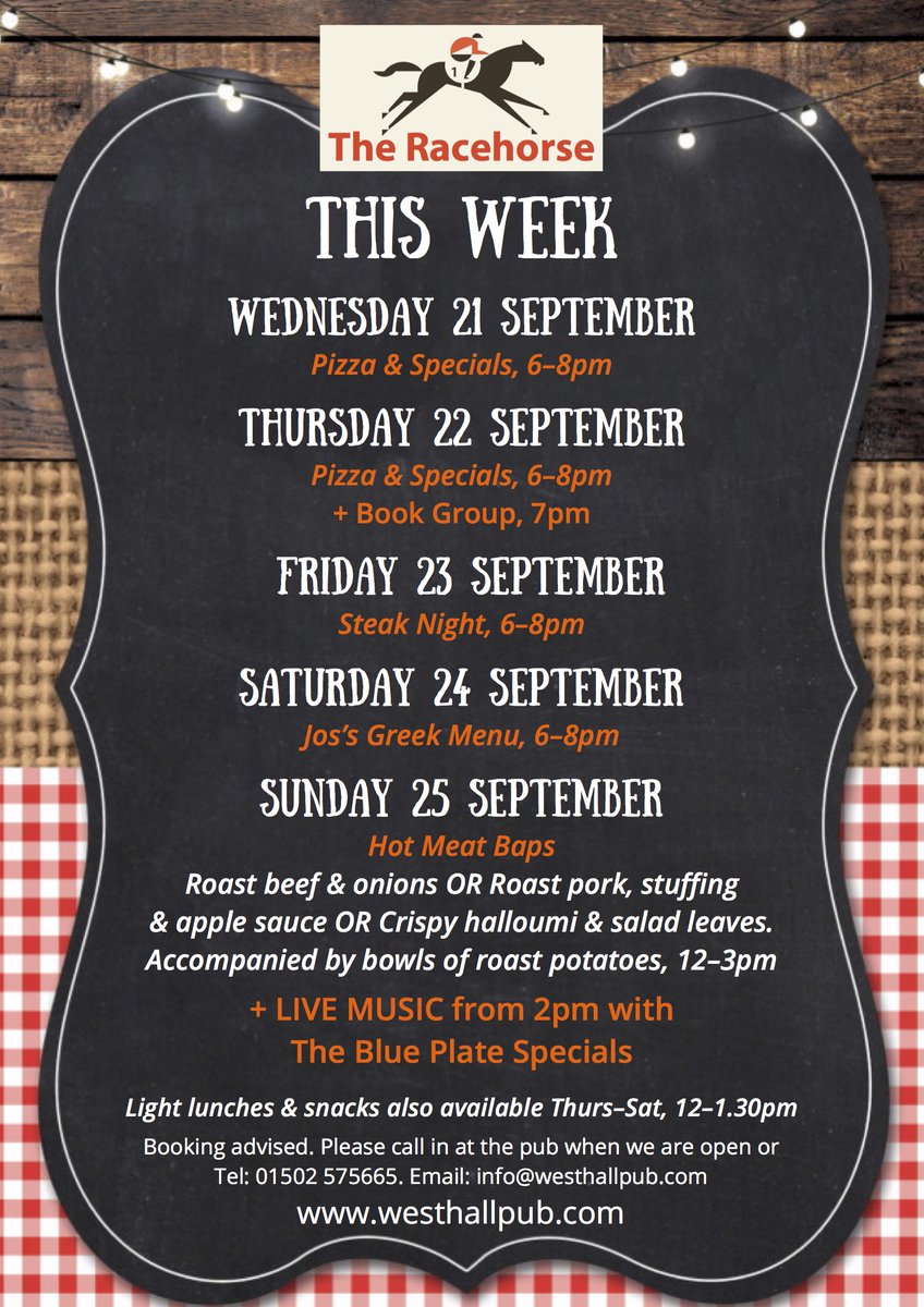 This week's menu's. Friday's Steak night and Saturday's Greek menu will be popular - booking advised!