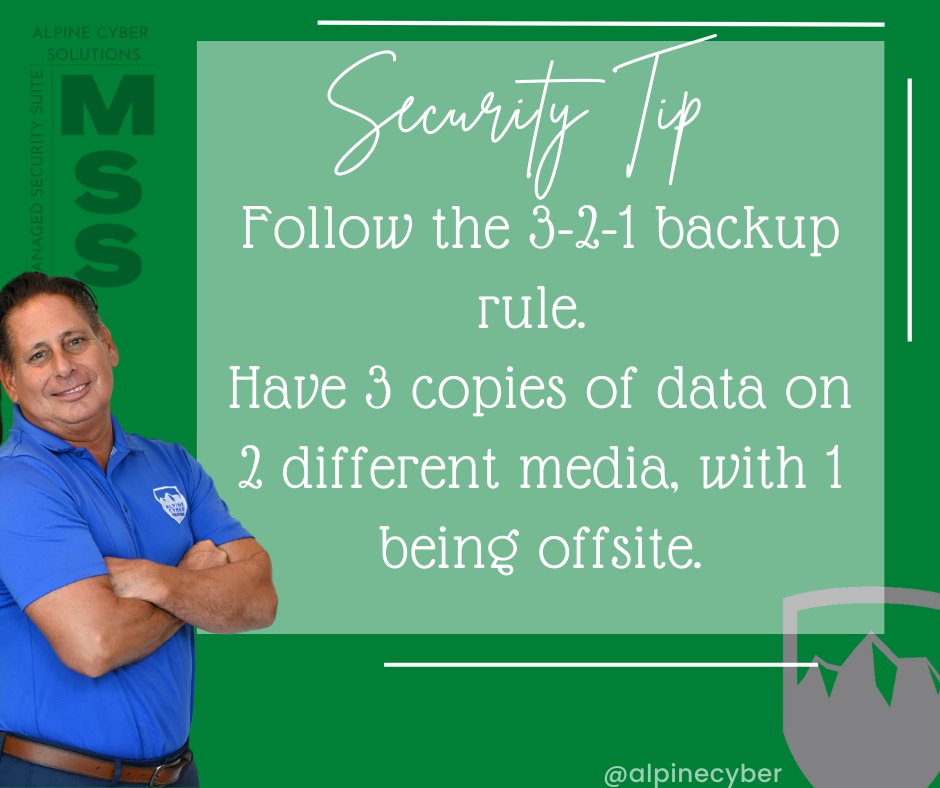 AlpineCyber's tweet photo. Backups are critical. Make sure they're done well. And don't forget to encrypt them and test them regularly!

Do you make time for #Cybersecurity? Let Alpine Cyber do it for you with our Managed Security Suite. Get safe - reliably and affordably. https://t.co/DoS4AnkF6T https://t.co/PjaHdRBeKl