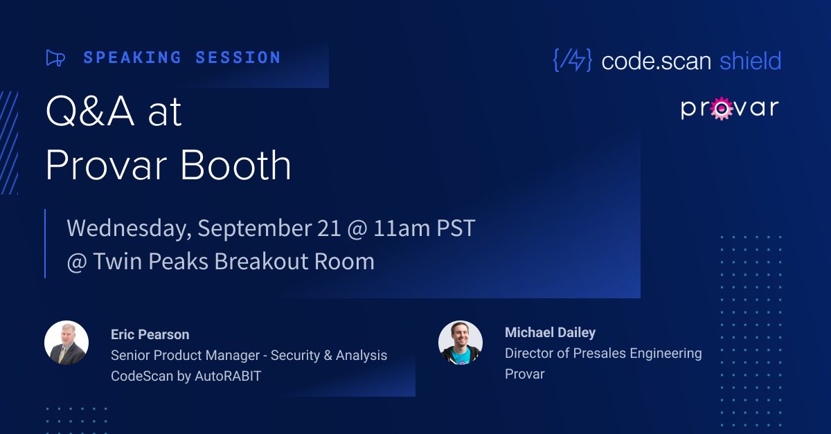 autorabit's tweet photo. π£ Join our Senior Product Manager Eric Pearson +
@ProvarTesting's Director of Presales Engineering Michael Daily for a Q+A all about #CodeScan Shield
β° 11am PT in the Twin Peaks Breakout Room
π Today 9/21
#dreamforce2022 #DF22 #TeamProvar π° https://t.co/XRwr9Rjz5L