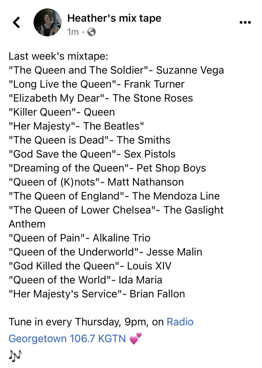 Last week’s mix featured <a href="/suzyv/">Suzanne Vega</a>, <a href="/frankturner/">Frank Turner</a>, <a href="/thestoneroses/">The Stone Roses</a>, <a href="/thebeatles/">The Beatles</a>, <a href="/sexpistols/">Sex Pistols Official</a>, <a href="/petshopboys/">Pet Shop Boys</a>, <a href="/mattnathanson/">matt nathanson</a>, <a href="/Mendozalineband/">The Mendoza Line</a>, <a href="/gaslightanthem/">The Gaslight Anthem</a>, <a href="/Alkaline_Trio/">Alkaline Trio</a>, <a href="/jesse_malin/">Jesse Malin</a>, <a href="/idamaria/">Ida Maria</a>, <a href="/thebrianfallon/">🎄Brian Fallon🎄</a> &amp; more! Tune in every Thursday, 9pm, on <a href="/KGTNGeorgetown/">KGTN Radio</a> 💕🎶
