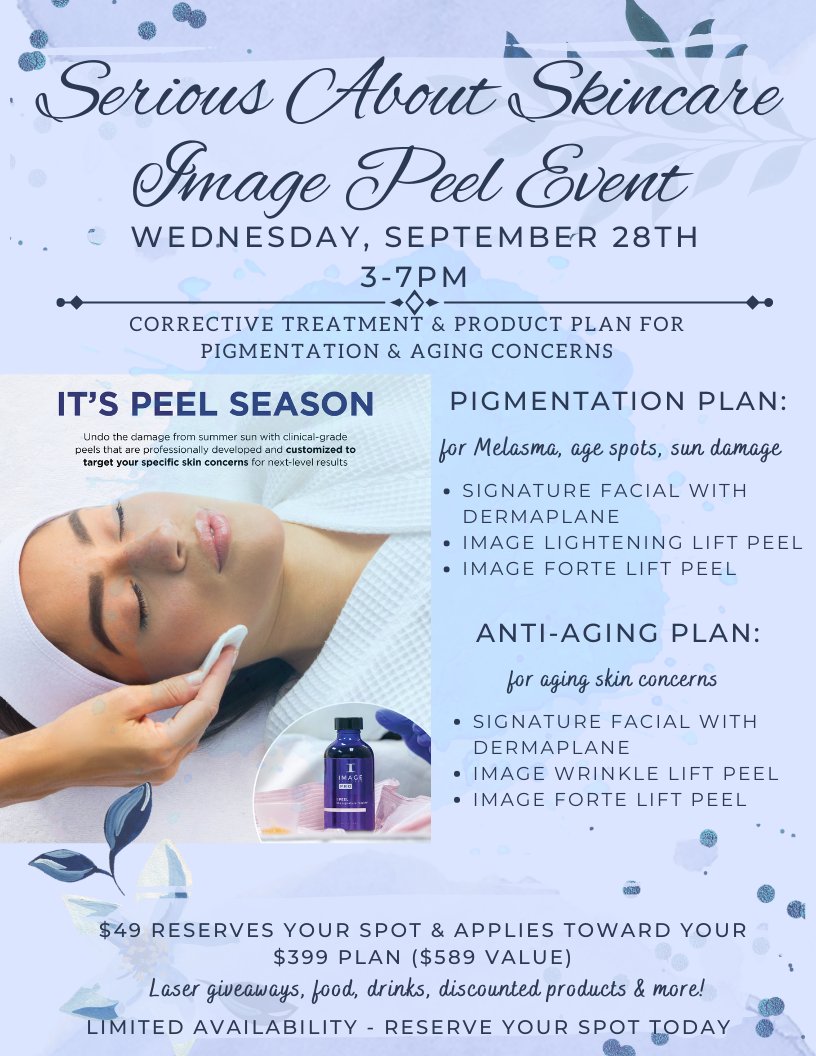 IndySkinRenew's tweet photo. Serious About Skin Care- Peel Event
9/28/23 3-7pm @indyskinrenew
DARK SPOTS &amp; UNEVEN SKIN TONES?
IF you battle pigmentation issues including Melasma, Age spots, Sun damage or have Aging skin concerns-this event is for YOU!
Nervous about peels?  Don't be- limited to no downtime. https://t.co/lHaMDSrYnF
