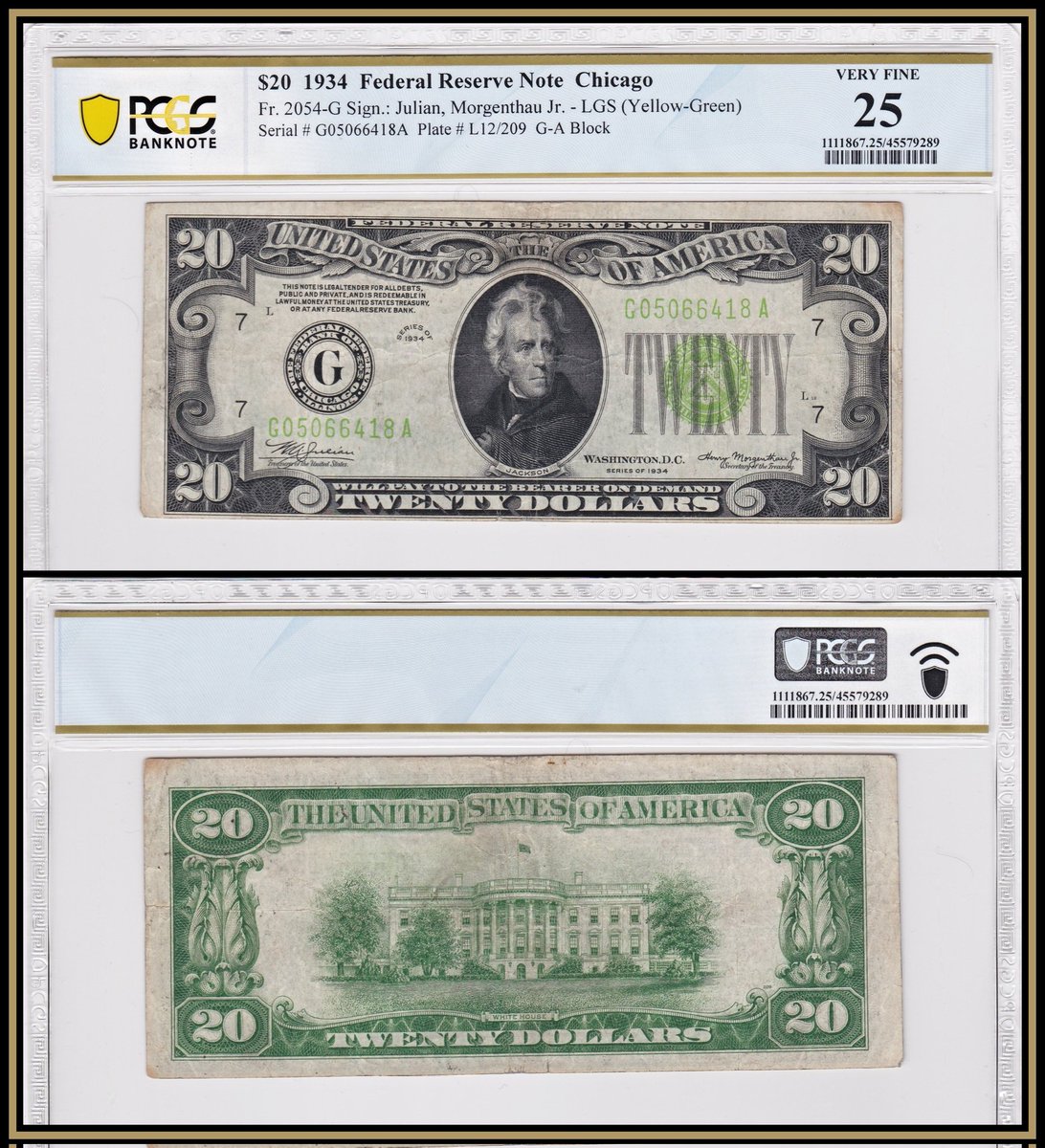 Apex_Collecting's tweet image. Sought after "Light Green Seal" Series 1934 $20 FRN. These were printed w/ lighter ink compared to more common dark green. Some collectors call'em lime notes. This one is a recent addition - June/2022 #lightgreenseal #lightgreen #pcgsbanknote #federalreserve #series1934 #oldmoney