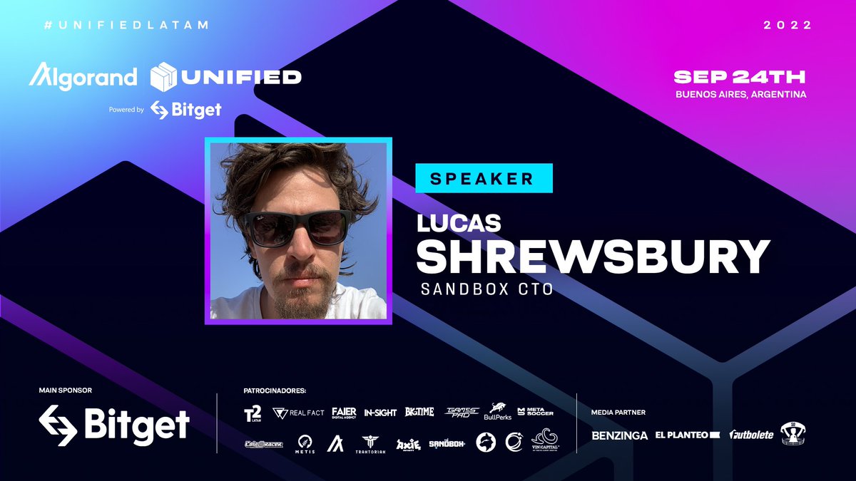 Les dijimos que seguían las sorpresas 🔥, desde #UNIFIED tenemos el honor de presentar como speaker del evento a <a href="/lucasshrew/">Lucas Shrewsbury</a> CTO de <a href="/TheSandboxGame/">The Sandbox</a> 🙌🏻. 
Nos vemos el sábado 🤩

¡BIENVENIDO!🎉

🗓️24/9
🏙️Bs As
⏰ 18hs

 🌐unifiedlatam.com
🎫 bit.ly/3Twkv7C