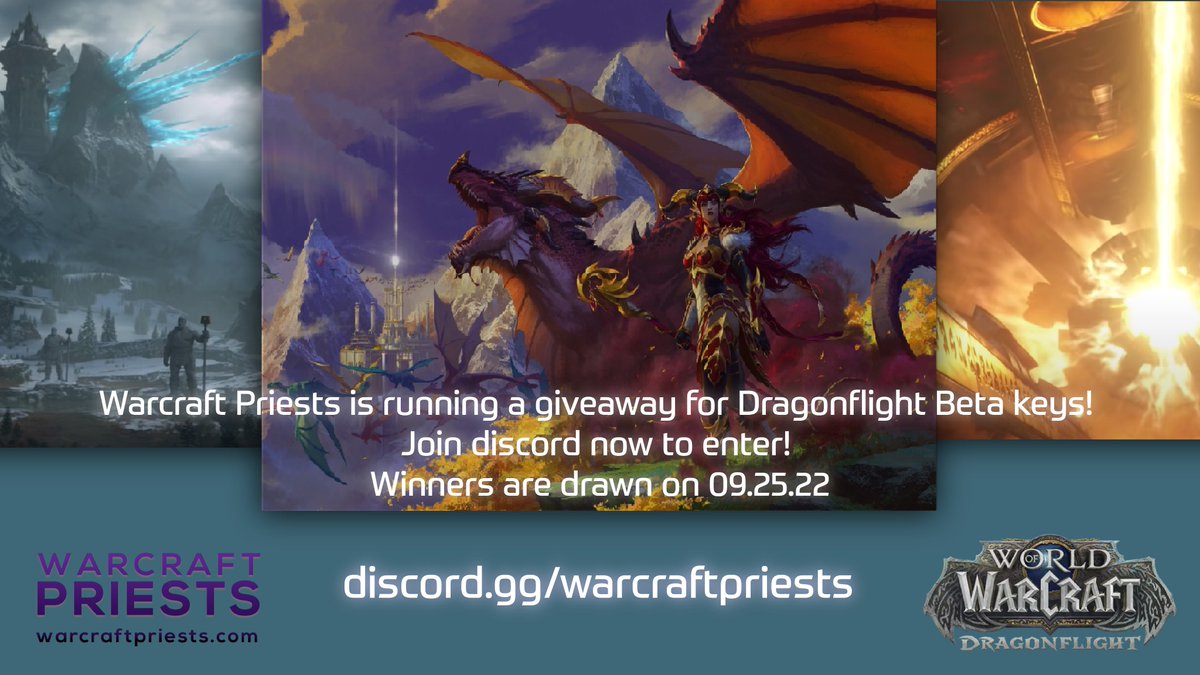 WarcraftPriests's tweet photo. 🎉#Dragonflight Beta Key Giveaway🎉
Head on over to our discord server and react to our giveaway post to enter! 
Big thanks to @Warcraft for the keys 💕 https://t.co/hevCAnV6R4