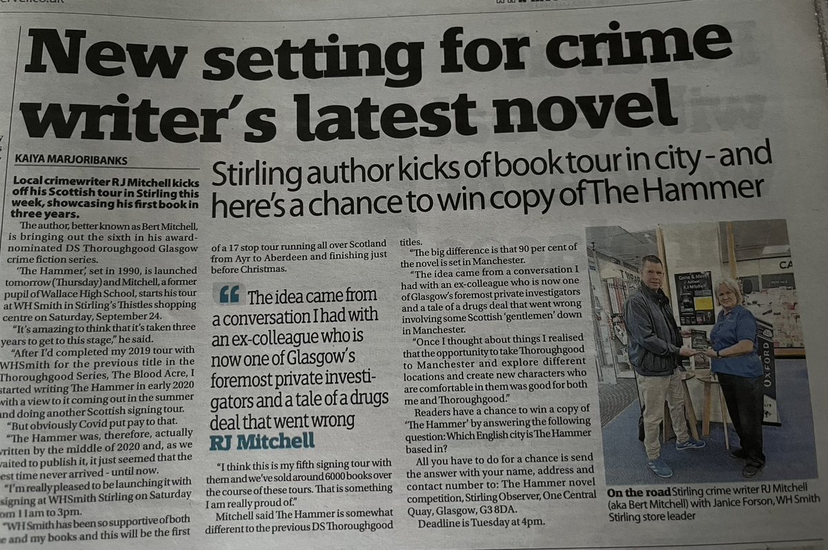 RJMitchellAuth's tweet photo. Huge ta to @StirObserver #kaiyamarjoribanks
for this piece today ahead of tomorrows publication of #dsthoroughgoodseries VI #thehammer tomorrow & first signing of my @WHSmith #scottish #booksigning tour @Thistles_SC on saturday ! @MJPGroup @activestirling1 @radioleary π΅οΈββοΈ https://t.co/vZGb620g4C