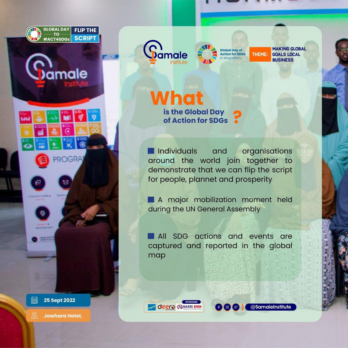 SamaleInstitute's tweet photo. 𝐖𝐡𝐚𝐭 𝐢𝐬 𝐭𝐡𝐞 𝐆𝐥𝐨𝐛𝐚𝐥 𝐃𝐚𝐲 𝐨𝐟 𝐀𝐜𝐭𝐢𝐨𝐧 𝐟𝐨𝐫 𝐒𝐃𝐆𝐬?
UN SDG Action Campaign #Act4SDGs #FlipTheScript #SDGs #lifeskills #GlobalGoals #TheSomaliaWeWant #CreatingBetterSomalia https://t.co/Il7oEzF9US