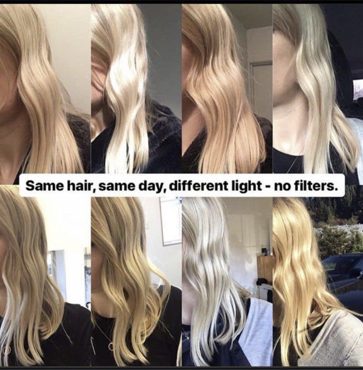 hairupideas1's tweet photo. Lighting is everything.Ever scrolled through your camera roll or looked in a different mirror to find your hair colour has magically changed.This collage shows how hair colour looked on the same day in different lights
#blonde #hairstyling #hairdresser
#clientselfie #blondehair https://t.co/1HI8hW6wKF