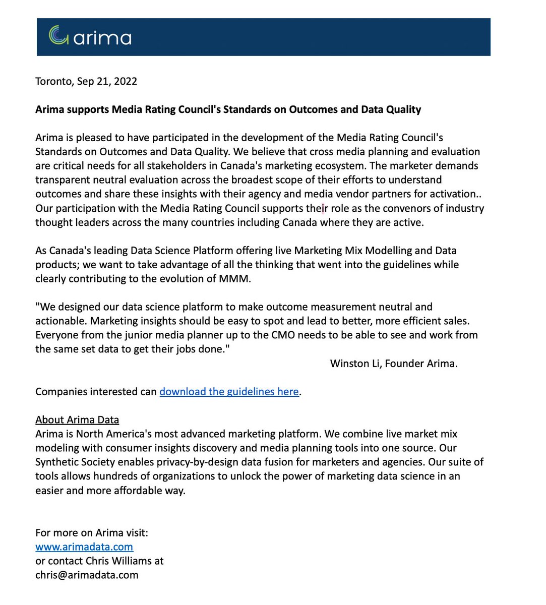 arimadata's tweet photo. Arima is pleased to have participated in developing the Media Rating Council's Standards on Outcomes and Data Quality.

Download the guidelines here: https://t.co/FuEVSjf6te https://t.co/rqERGSgdri