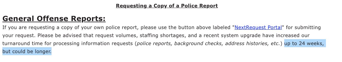 This wallop of a contradiction in Aurora PD's record procedures just gave me a chuckle. There's the theoretical "limit" of 24 weeks (!!!) to get a record, immediately followed by the qualifier of, you know, infinity.