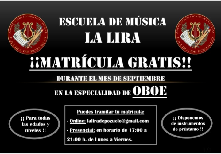 LaLiradePozuelo's tweet photo. 🎶🎶¡No pierdas esta oportunidad!
¡Matrícula gratis durante el mes de septiembre en la especialidad de OBOE!🎶🎶 https://t.co/9YgHUQd7VC