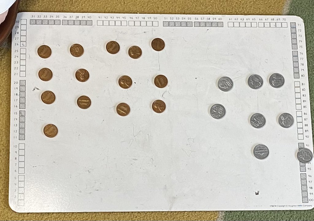Dbjohnsonmath's tweet image. During Number Corner 1st graders in Mrs. Bradys’s room explored counting a collections of coins and used various strategies to find the total, counting by 1s, 5s, and 10s. @srsppal @Mpsdmartin