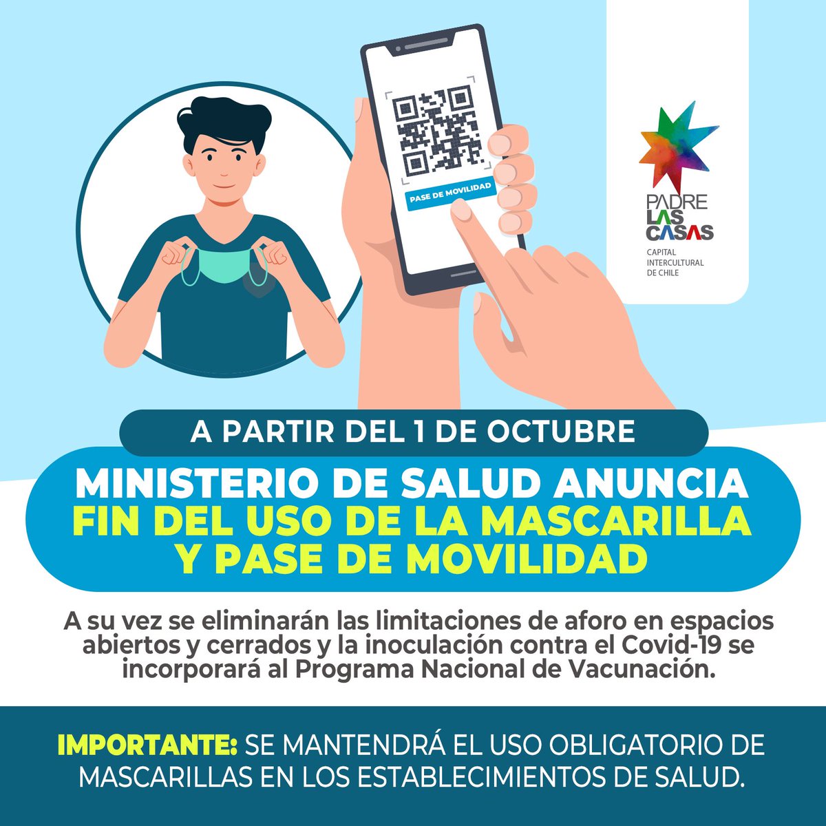 El <a href="/ministeriosalud/">Ministerio de Salud</a> anunció el día de hoy, entre otras medidas, el fin del uso de 😷 y pase de movilidad. A su vez se eliminan las limitaciones de aforos y se incluye la 💉contra COVID-19 en el programa Nacional de Vacunación, modificaciones que se aplicarán desde el 1 de Octubre