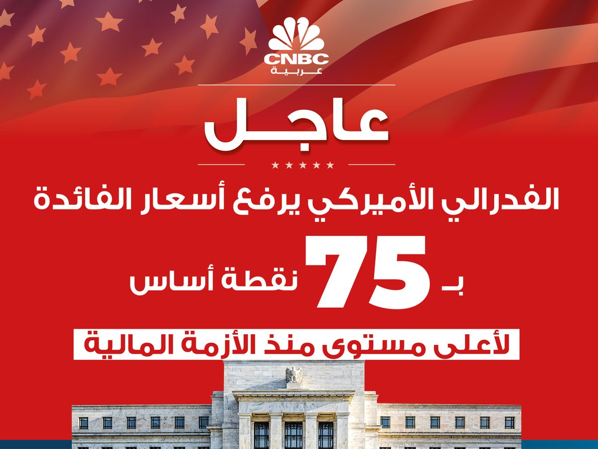 #عاجل|

#الفدرالي_الأميركي يرفع أسعار #الفائدة بـ75 نقطة أساس لأعلى مستوى منذ #الأزمة_المالية