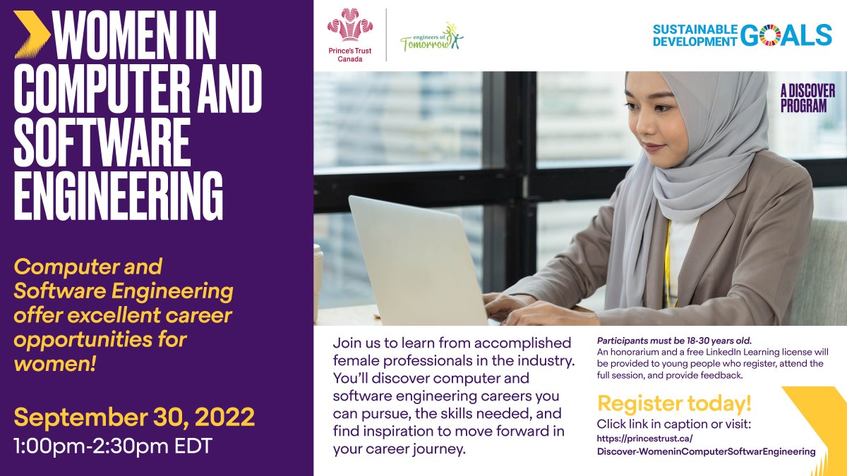 KingsTrustCA's tweet photo. What does a career in Computer and Software engineering look like? Join this free #discover session to find out!
Register using this link!👉 https://t.co/sawb560bOI

#PrincesTrustCanada #WomeninTech #Changethestoryofwomenintech #WomeninSoftwareEngineering https://t.co/5yic0XYK1I