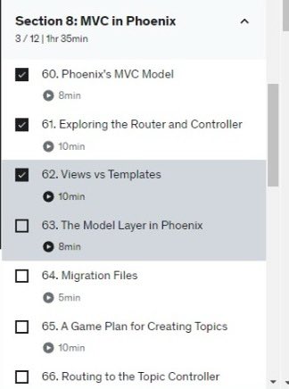 KobusScheltema's tweet photo. 86/100 Today I completed the Complete Elixir and Phoenix Bootcamp course until video 62. I need to research a command that is not working in my terminal. But life goes on. #100daysofcoding https://t.co/DYrwEoDHTI