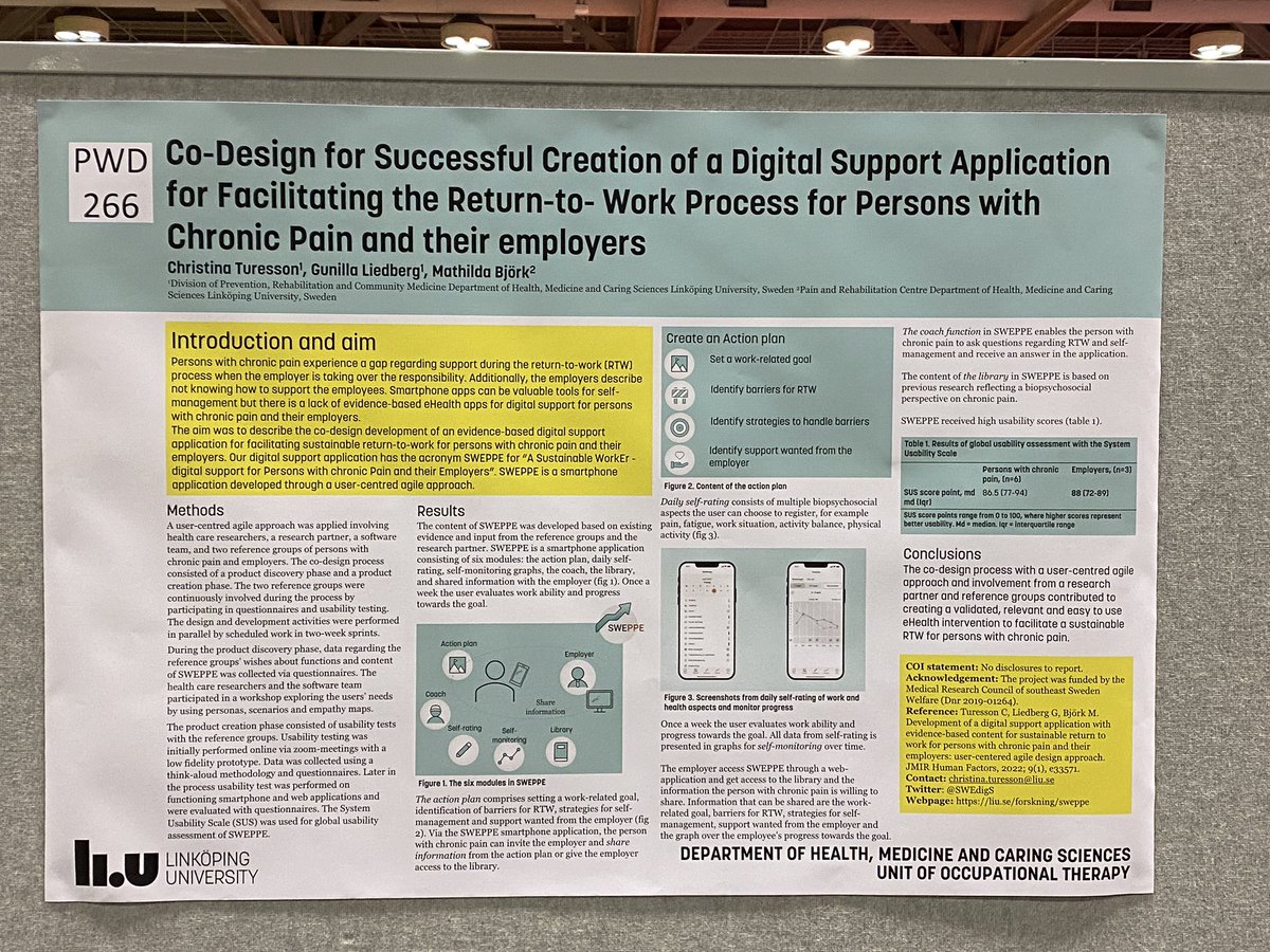 Time for our poster 266 about SWEPPE our digital support application for a  sustainable work situation. Come and discuss how we used co-creation to increase usability! #IASP2022 <a href="/IASPpain/">IASP</a>