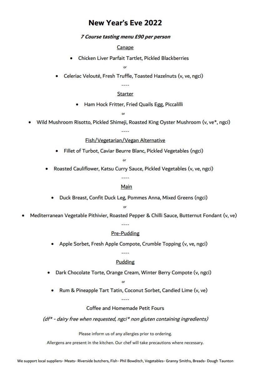 TheHankridge's tweet photo. 🥂🍾

Our New Year's Eve 2022 menu

Booking and Pre Orders are essential! 

Celebrate your New year's eve in style with us here at The Bank.

A beautiful 7 course tasting menu and bar open until midnight! 

📞01823 257788 or email thebanktaunton@gmail.com https://t.co/mrtMMYvs02