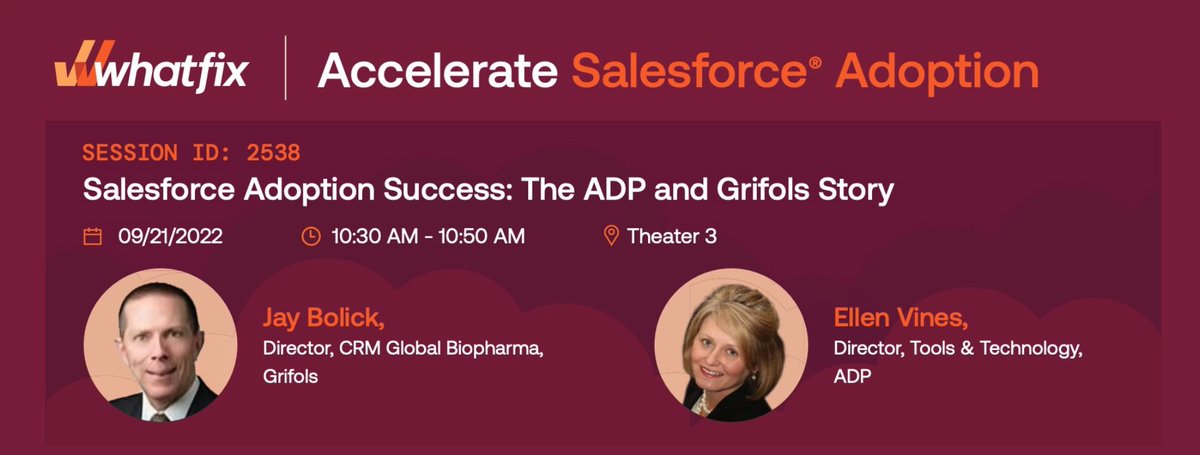 whatfix's tweet photo. Ellen Vines from ADP and Jay Bolick from Grifols are speaking about how #Whatfix accelerated #Salesforce Adoption in their organizations at #DF22!
Go, check it out, happening in - Theatre 3!
@Dreamforce https://t.co/hRkn5UnzFN