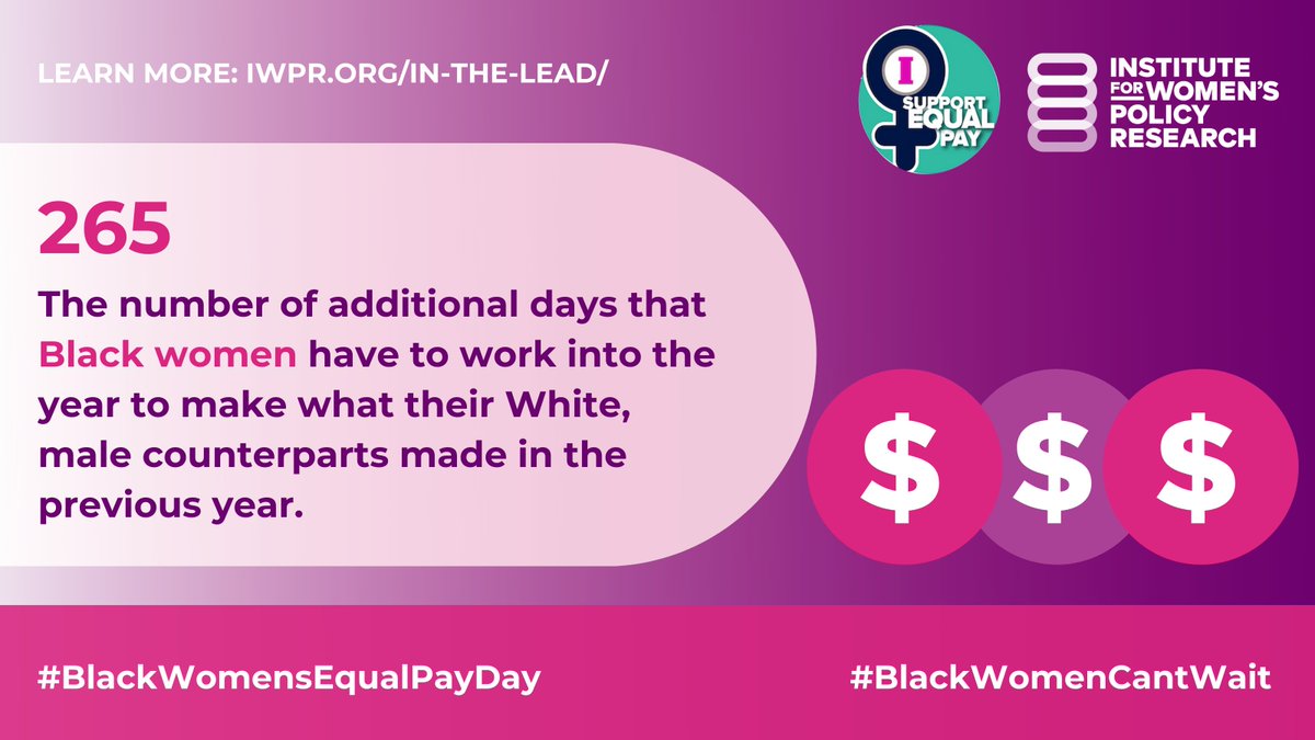 Today marks #BlackWomensEqualPayDay —the number of additional days that Black women must work into the year to earn what their White, male counterparts made in the previous year.

Join us in demanding #equalpay because #BlackWomenCantWait!