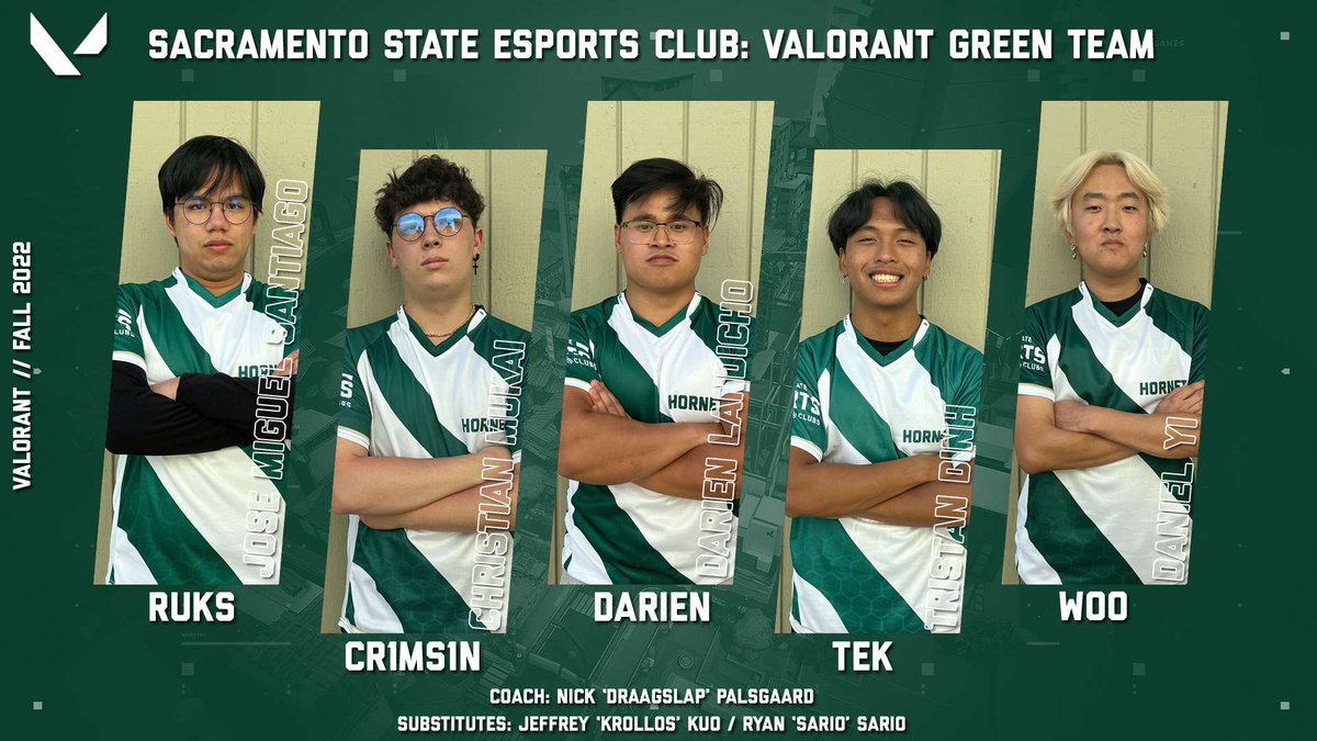 esports_sac's tweet photo. To kick off the Fall 2022 Valorant season, Sac State Esports Club is proud of announce our first roster. Now presenting the Valorant“Varsity” Green Team!! 👀 🐝 https://t.co/1xPrgJwl8g