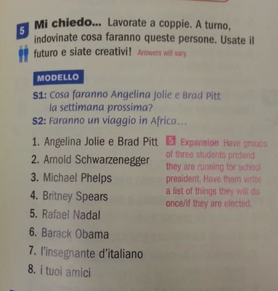 A page from an Italian language textbook showing an exercise that tasks students with guessing what the following people (e.g. Michael Phelps, Britney Spears, the students' friends) will do in the future; the first people listed are Angelina Jolie and Brad Pitt, who had long since broken up when I had students do this exercise. 