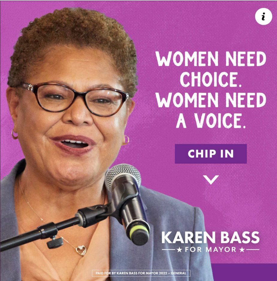smc429's tweet photo. KAREN BASS for mayor of Los Angeles!
Caruso, the DINO is AGAINST abortion. Know this when you see his glitzy ads and celebrity backers. We can't go backwards!
#BassForMayor https://t.co/8RJDSAGJis