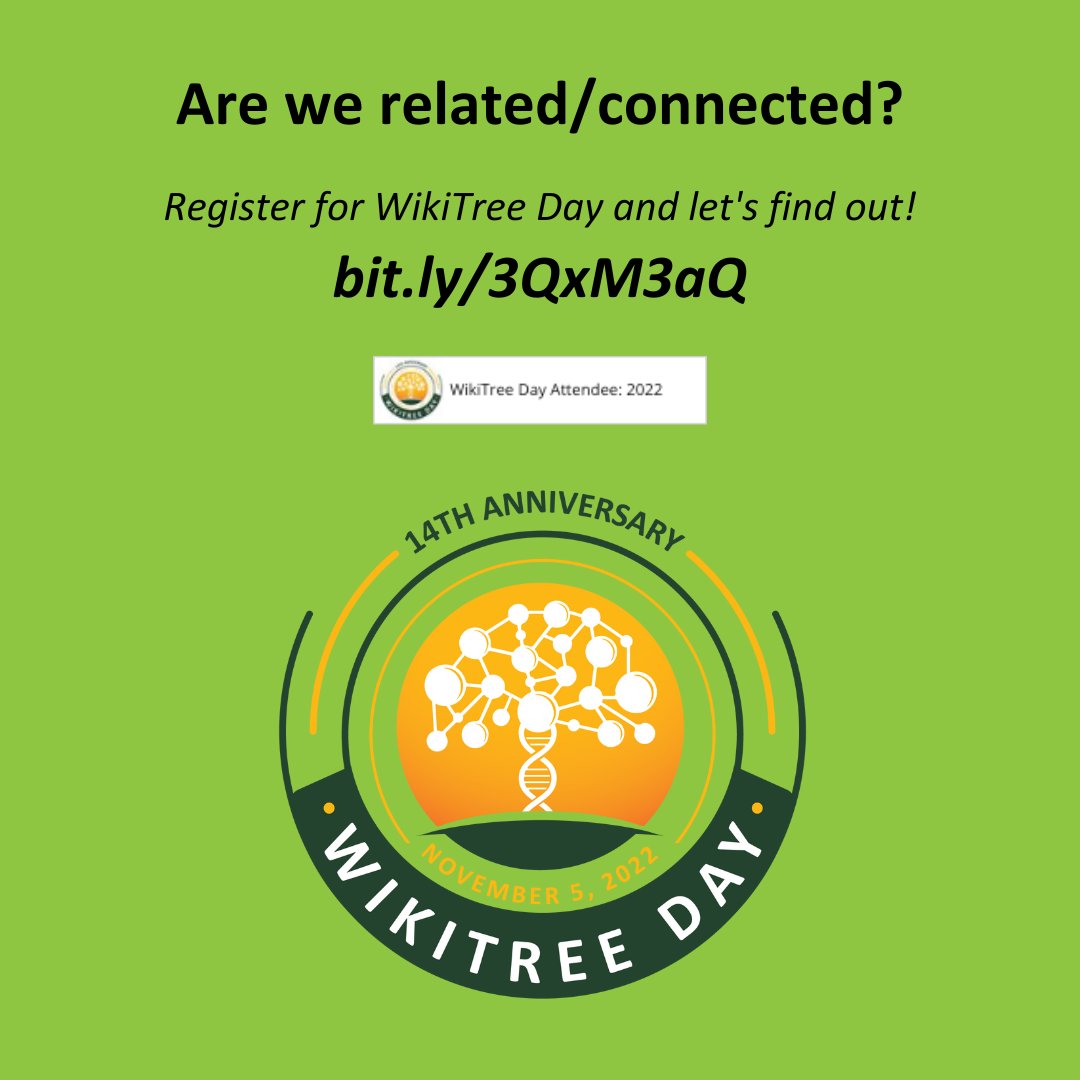 azurerobinson's tweet photo. Register for the Free #WikiTreeDay event @WikiTreers and let's see if we are related or connected! 
https://t.co/7uTfU0jNGZ
#Genealogy #FamilyHistory https://t.co/EyoUqnWCaJ