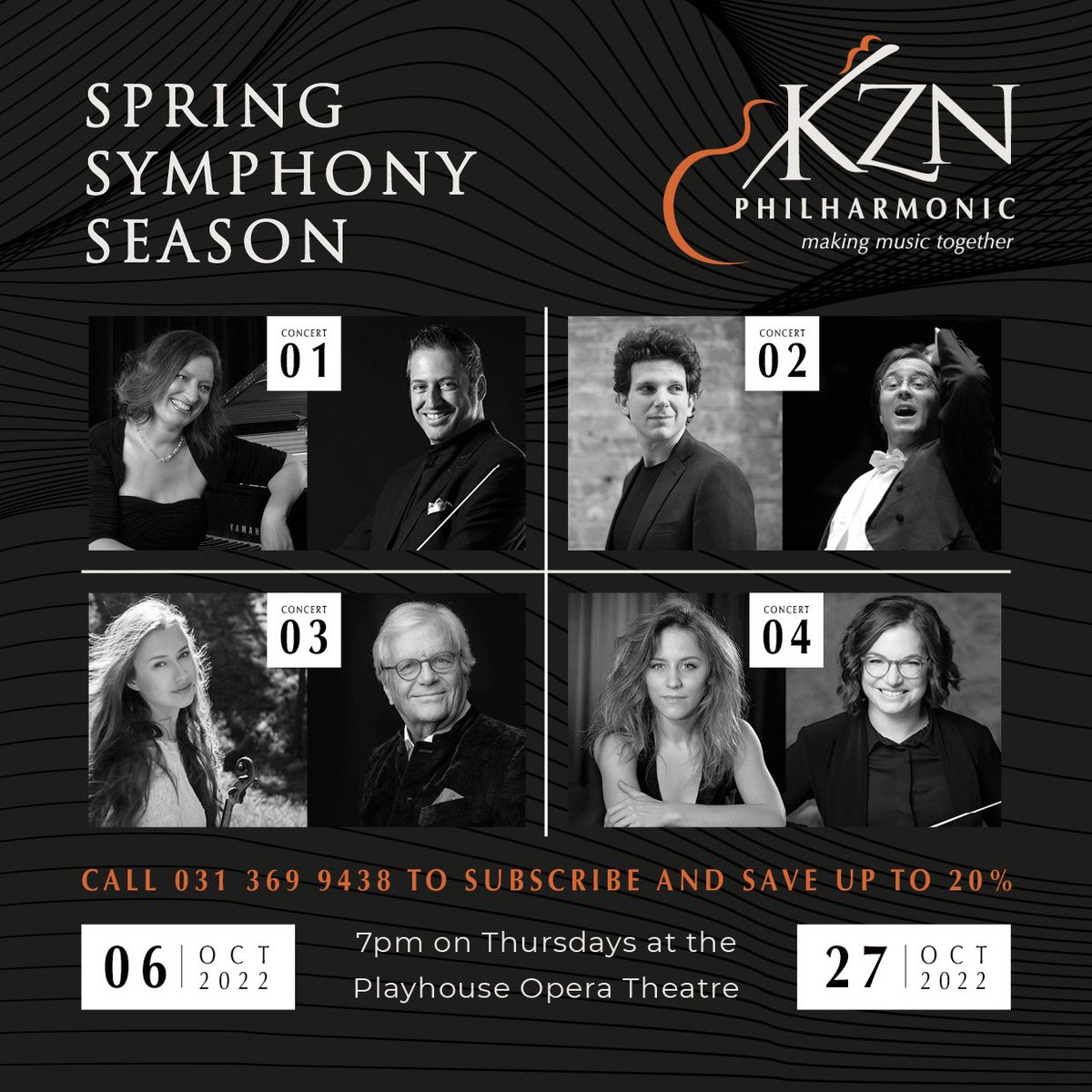 KZN Philharmonic (@kznphilharmonic) on Twitter photo We’re excited to present our World Symphony Series Spring Season at The Playhouse Company every Thurs evening from 6-27 Oct. Tickets avail through our offices - 0313699437 or marketing@kznphil.org.za You can also purchase your tickets via Quicket <a href="/DurbanPlayhouse/">The Playhouse Company</a> <a href="/dbntourism/">Durban Tourism</a> We’re excited to present our World Symphony Series Spring Season at The Playhouse Company every Thurs evening from 6-27 Oct. Tickets avail through our offices - 0313699437 or marketing@kznphil.org.za You can also purchase your tickets via Quicket <a href="/DurbanPlayhouse/">The Playhouse Company</a> <a href="/dbntourism/">Durban Tourism</a>