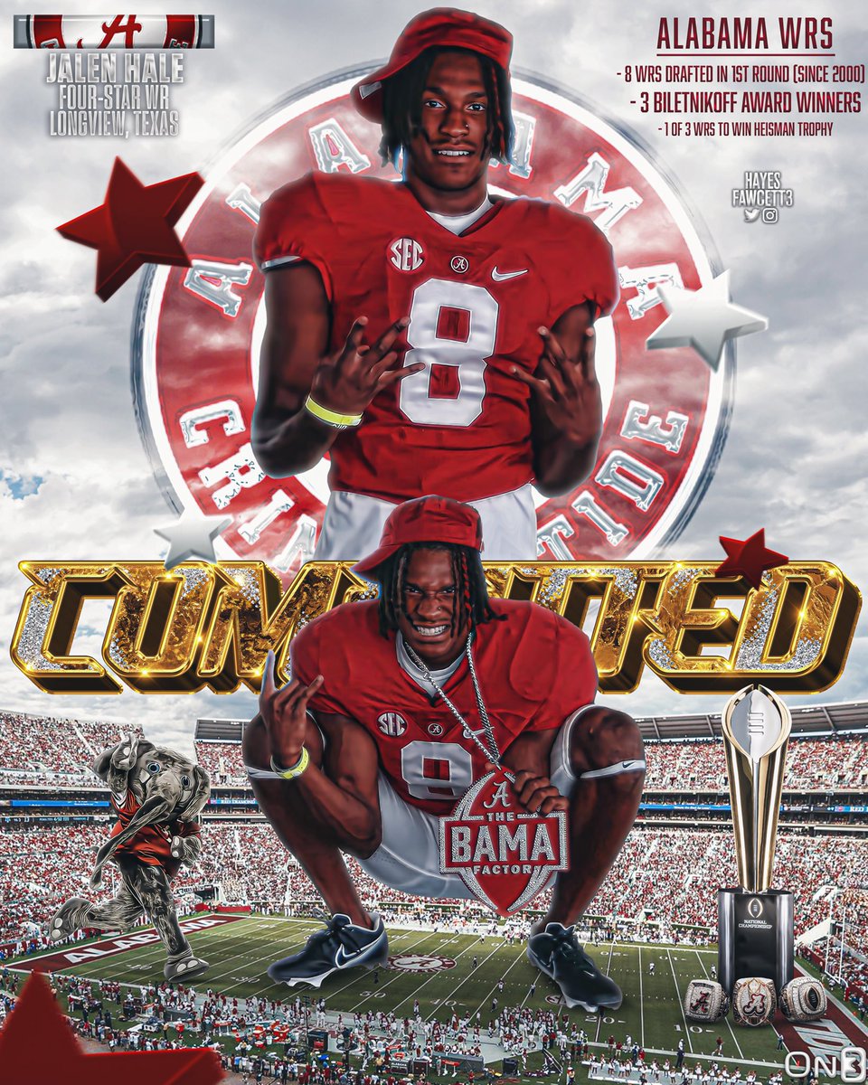 Primetime_Bama's tweet photo. On Monday, Alabama landed 4 star ⭐️ Edge Jordan Renaud, and today the Tide lands elite 4 star ⭐️ WR Jalen Hale, they both join the Tide’s #1 recruiting class for 2023! Welcome to Tuscaloosa and Roll Tide! Graphics by @Hayesfawcett3 https://t.co/DgZkjXv9ux