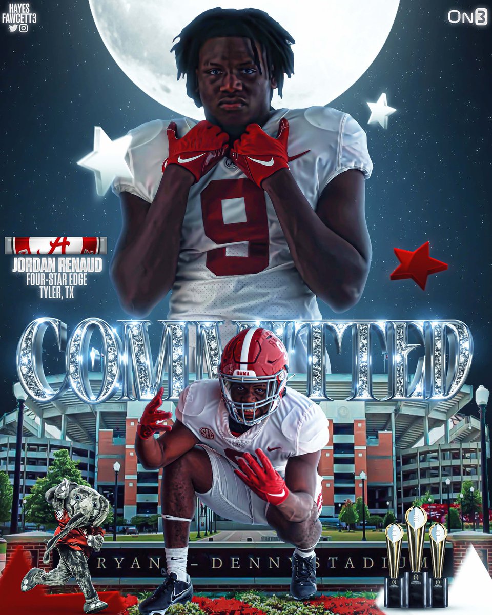 Primetime_Bama's tweet photo. On Monday, Alabama landed 4 star ⭐️ Edge Jordan Renaud, and today the Tide lands elite 4 star ⭐️ WR Jalen Hale, they both join the Tide’s #1 recruiting class for 2023! Welcome to Tuscaloosa and Roll Tide! Graphics by @Hayesfawcett3 https://t.co/DgZkjXv9ux