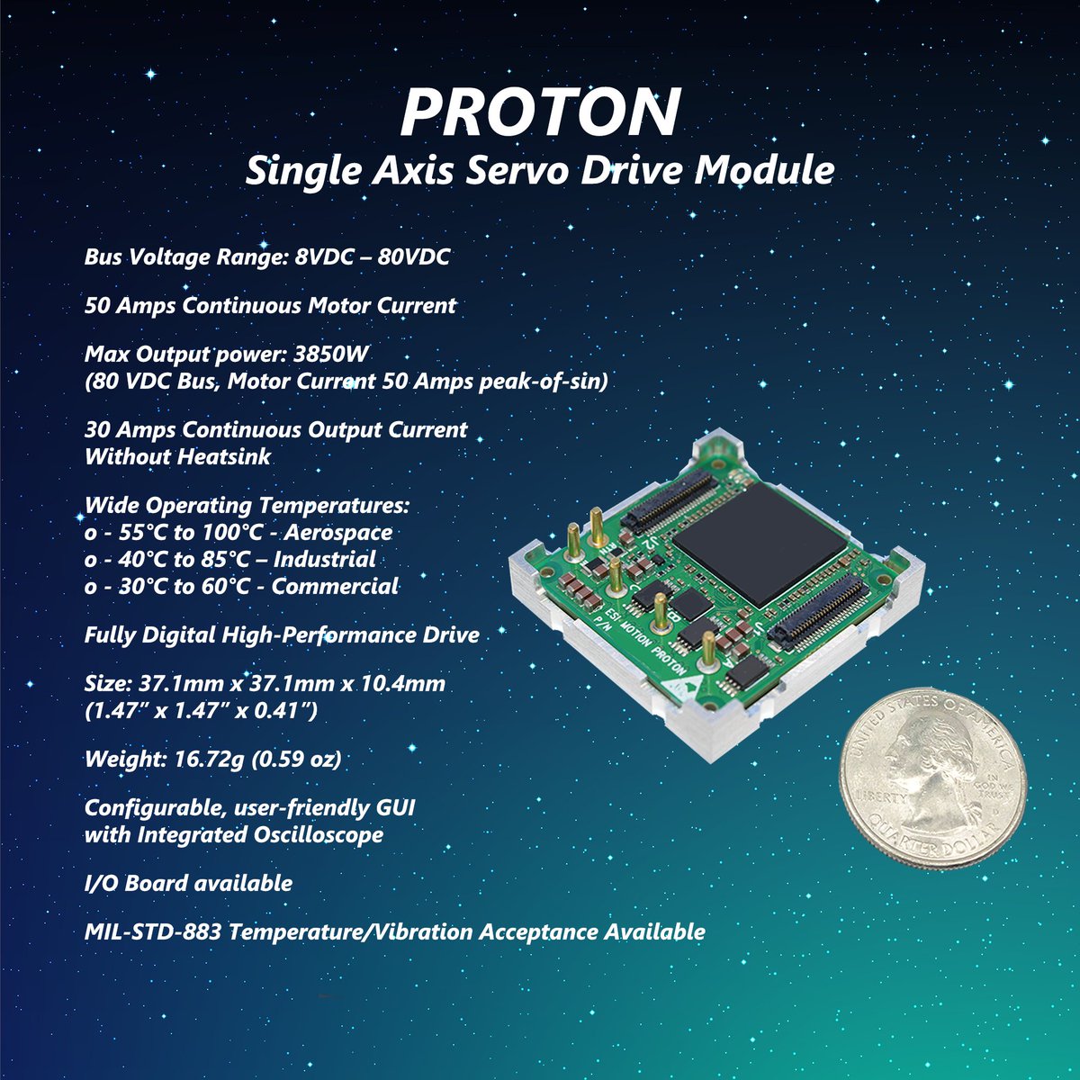 MotionEsi's tweet image. The #servo solution that easily fits in the palm of your hand!

ESI Motion's Proton is a high-performance digital #servocontroller that can source 50 Amps with an 80 VDC bus to drive the most demanding applications.

#servodrive #servodrivemodule #esimotion
