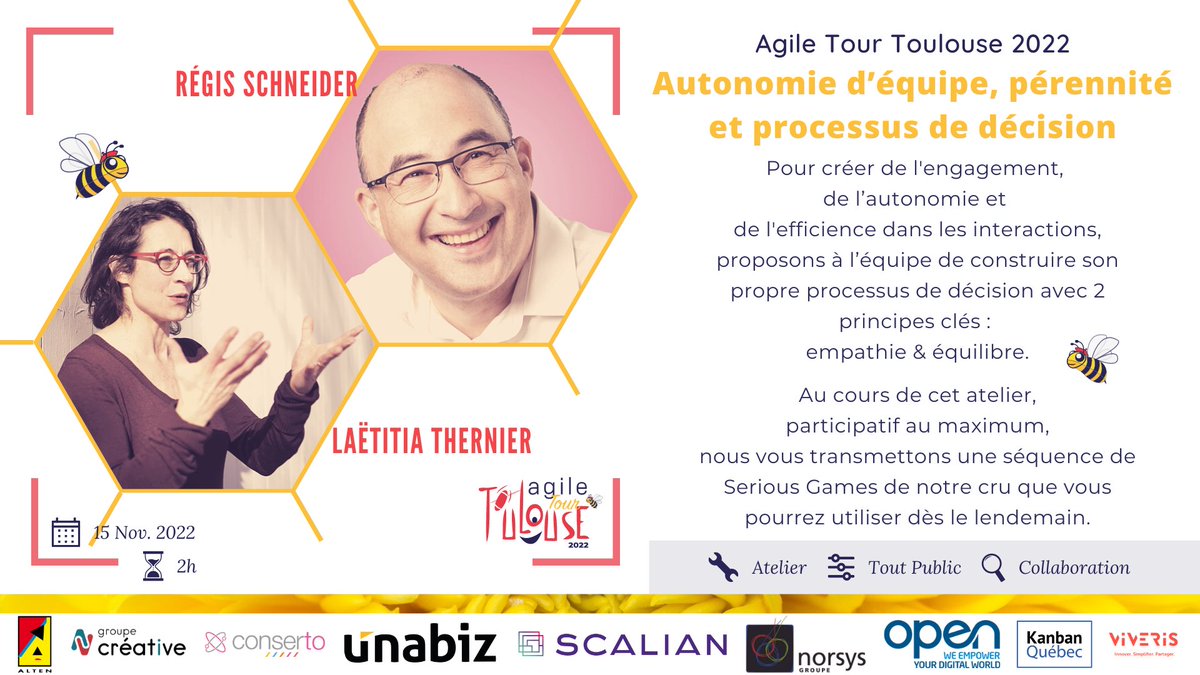 🐝 Autonomie d’équipe et pérennité : l’atelier de <a href="/RegisBob/">RegisBob 8-)</a> et <a href="/lthernier/">Laetitia Thernier</a> vous donnera les outils pour créer son propre processus de décision d'équipe, le 15 novembre 2022 (J1) à l'#Agile #Tour #Toulouse

🎟️ Vos places ici : billetweb.fr/agile-tour-tou…

#ATTLS22 #simple #fondamental